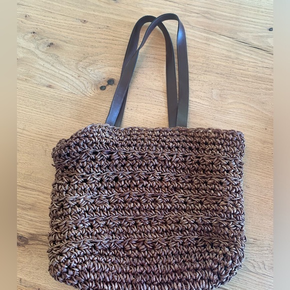 Brown Macrame Beach Bag Leather Strap Linen Lined Women’s Purse Satchel Preloved - Picture 2 of 5